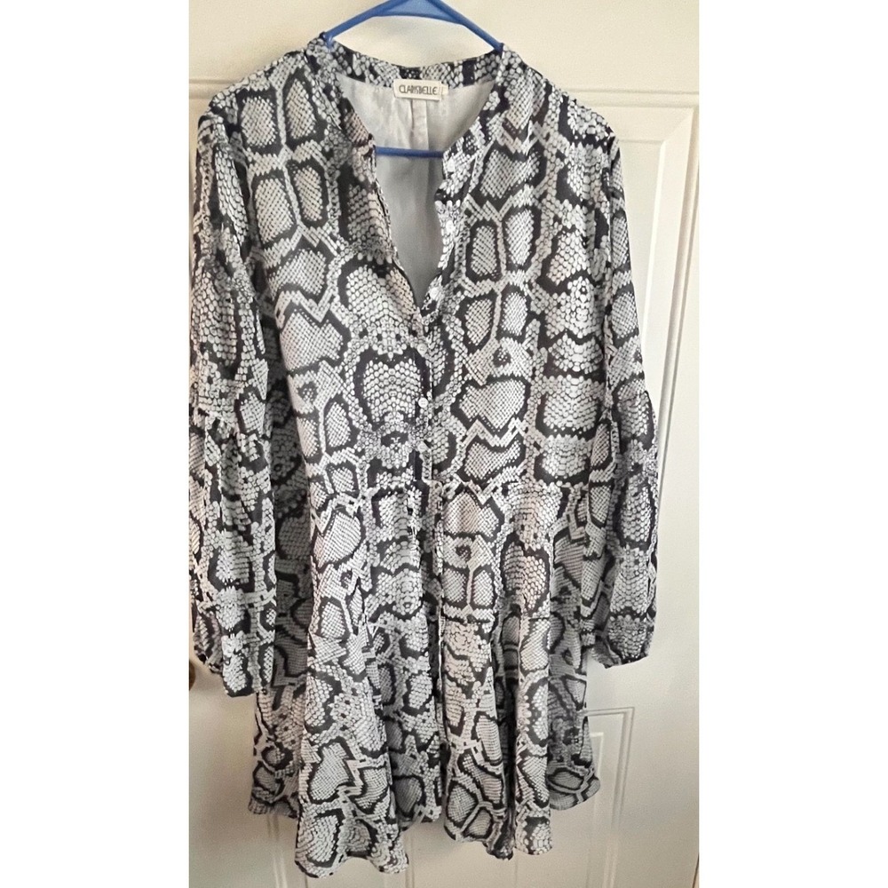 CLARISBELLE Women Black White Snake‎ Print Long Sleeve Button Up Shirt Dress
